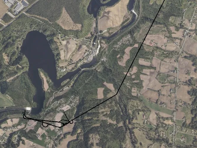 Kartutsnitt av vannveien til Randselva kraftverk